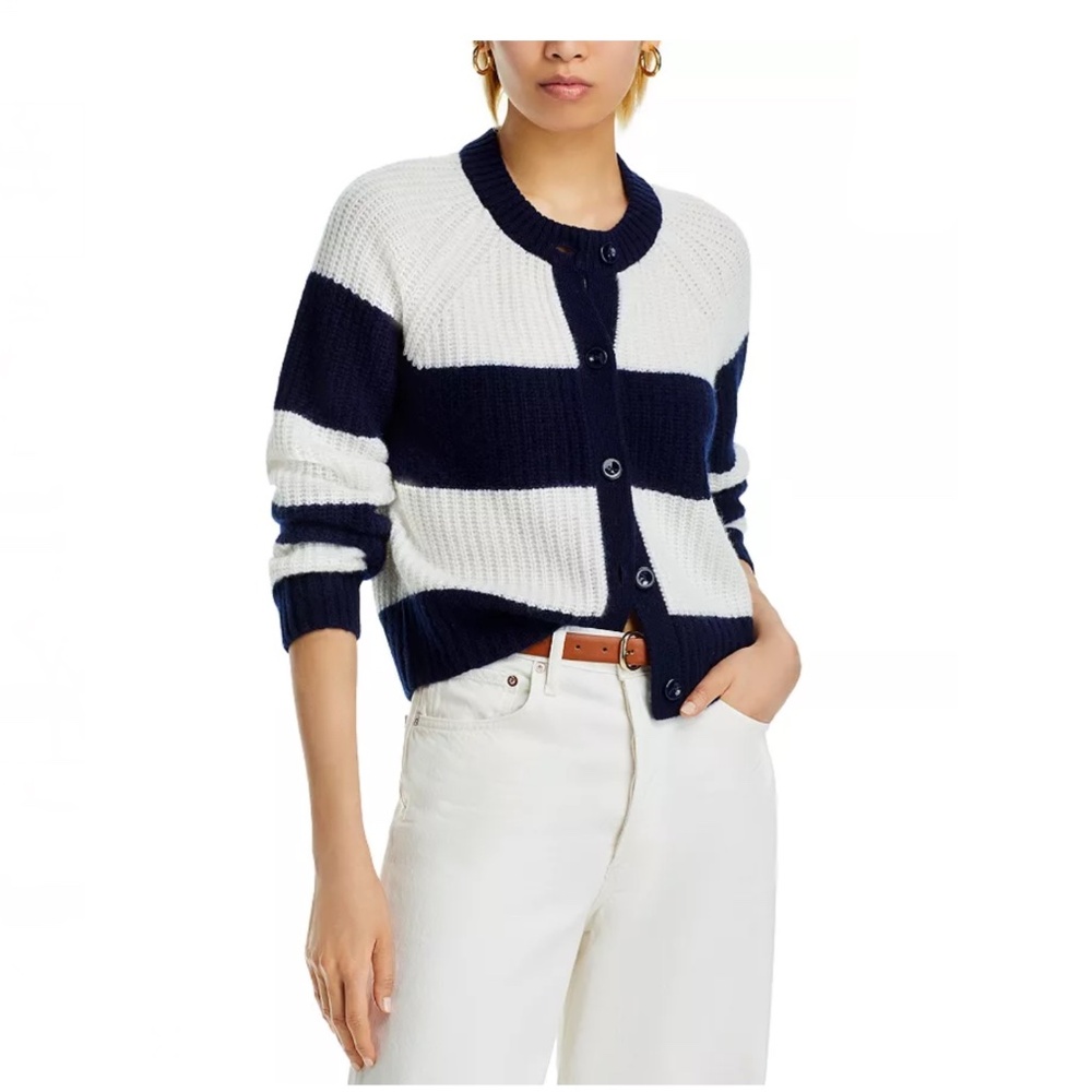 Luxurious 100% Cashmere Rugby Stripe Shaker Stitch Cardigan By Aqua in Navy / Iv - Picture 2 of 5